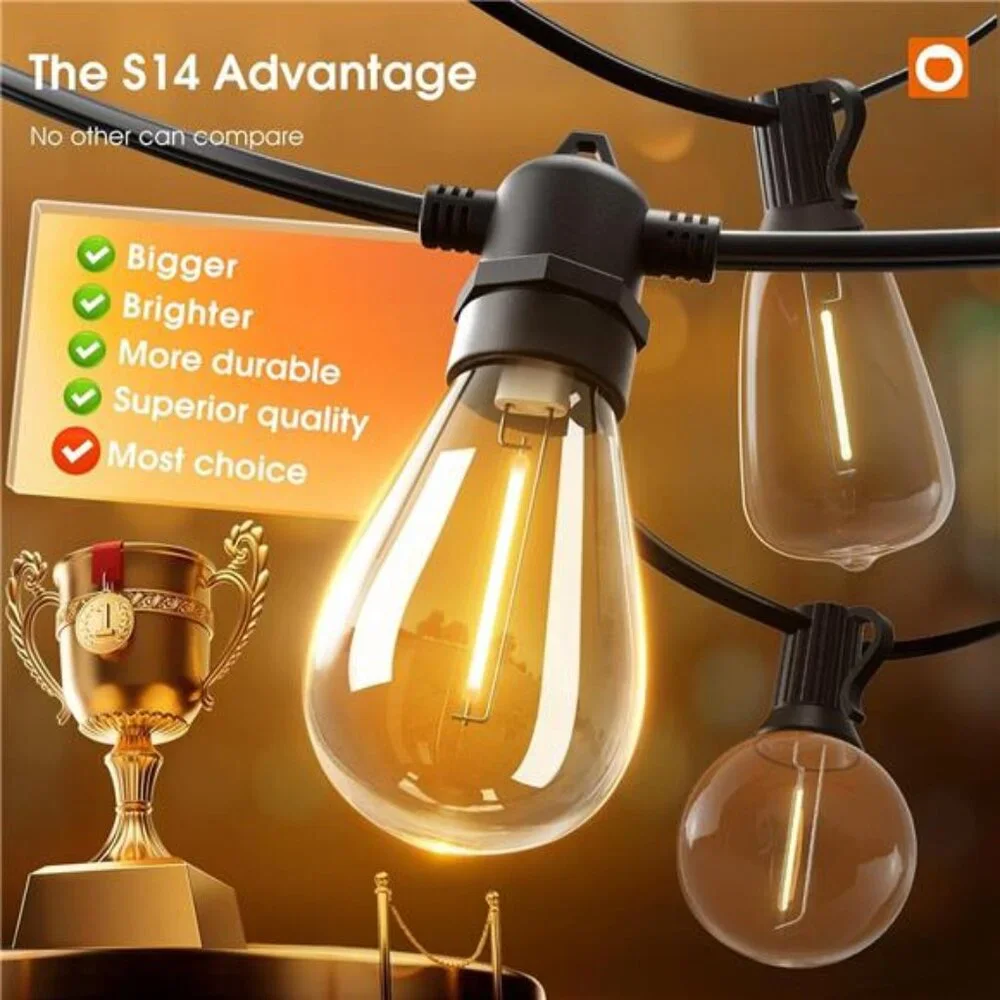 50FT LED Outdoor String Lights with Edison Shatterproof Bulbs, Weatherproof